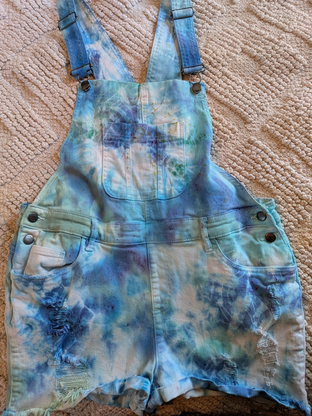 VENUS Blue Teal Tie-Dye Denim Short Overalls
